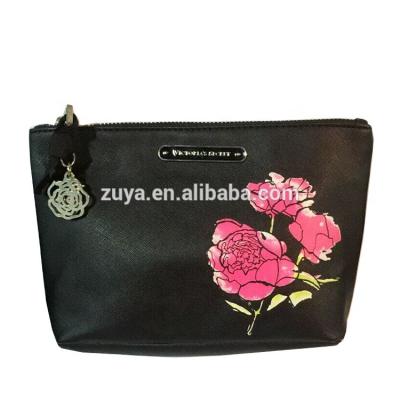 China Lady Custom Simple Women PU Bag Red Roses Leather Waterproof Cosmetic Portable Bags for sale