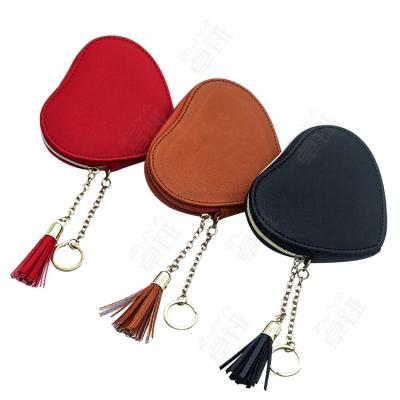 China Custom Fashion Mini Small Zipper Vegan Coin Pocket PU Leather Heart Shape Key Chain Coin Purse With Tassel for sale