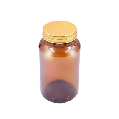 China Eco-friendly Recyclable Wholesale Amber Round 300ml Pill Bottle Glass Capsule Packaging With Screw Lid for sale