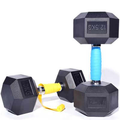 China Eco-friendly Cast Iron Home Gym Fitness Equipment Round Head Dumbbell Rubber Hex Coated Dumbbell for sale