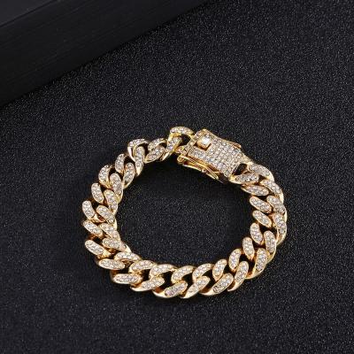 China New Luxurious Shiny Gold Plated Cuban Chain Trendy Punk Full Diamond Hand Chains Hip Hop Bangle Jewelry Bracelets for sale