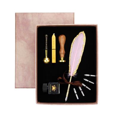 China Business Gift Calligraphy Kits Pink and Gold Quill Feather Pen Sets with Seeds Wax Seal Stamp Gift Box for Kids Students Stationery School Suppl. for sale