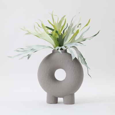 China 2022 Newest Matt Gray Black Ceramic Hollow Circle Art Decor Nordic Donut Vase For Flower Arrangement for sale