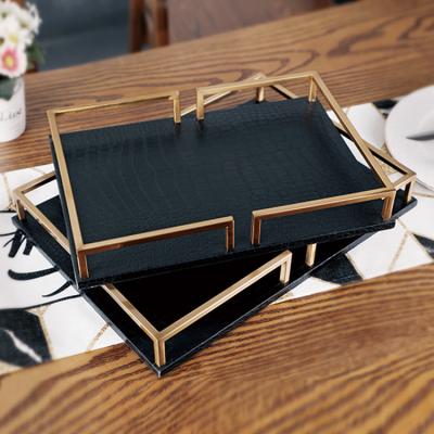 China Modern Decorative Metal Handle Vintage Home Hotel Black Leather Jewelry Serving Tray Set For Coffee Table for sale