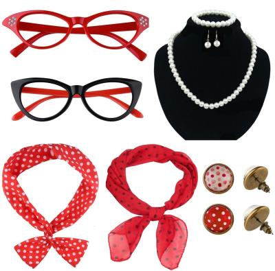 China Party Evening Halloween Costume Womens 1950s Costume Props Grease Scarf Headband Glasses Earring Set ecoparty for sale