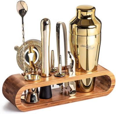 China Durable Professional Barware Tools Wooden Rack Stainless Steel Bartender Kit Bar Accessories Cocktail Shaker Set for sale