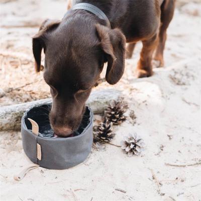 China Collapsible Waterproof Portable Dog Water Feeding Bowl Waxed Canvas Dog Bowl For Outdoor Travel Walking for sale