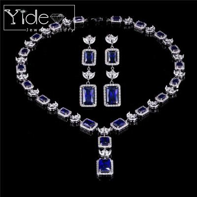 China FASHIONABLE Luxury Jewelry Sets Luxury Blue Red Blue Glass Zircon Jewelry Sets Wedding Necklace Earring Necklace Woman Zircon Jewelry Sets for sale