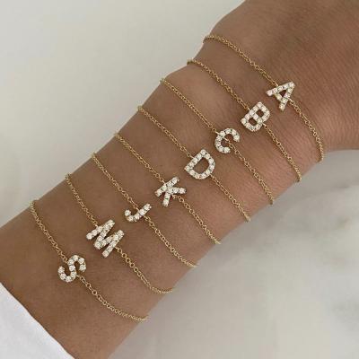 China FASHIONABLE Wholesale Charm 18k Gold Letter Zircon Alphabet Initial Letter Brass Bracelets for sale