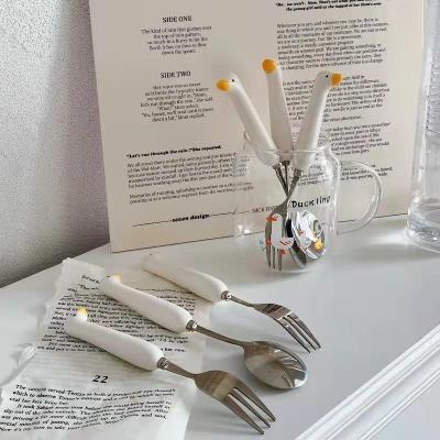 China Viable Popular Trendy Cute Ins Ceramic Handle Cutlery Sets Kids Stainless Steel Flatware With Porcelain Handle for sale