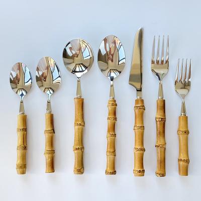 China High Grade Sustainable 100% Natural Bamboo Flatware Set 18/10 Stainless Steel Spoon Fork Knife Handle Bamboo Cutlery for sale