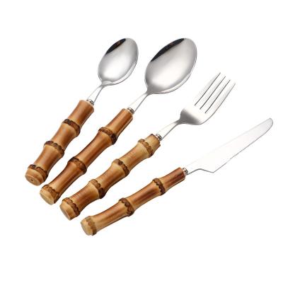 China Viable Bamboo Handle 304 Stainless Steel Cutlery Fork Knife Spoon Set 5pcs 4pcs Wholesale Price Fast Delivery for sale