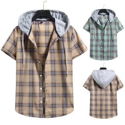 China Summer Men's Shirts Anti-Pilling Plaid T-Shirts New Fashion Personality Hooded Casual Shirt Men for sale