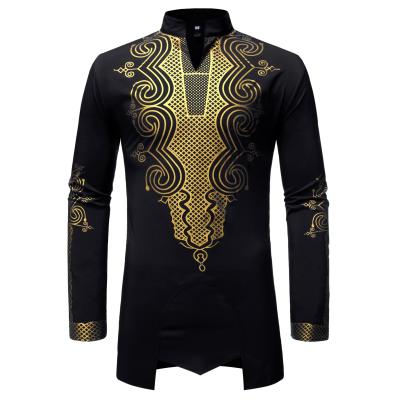 China Wholesale African Style Men's Anti-pilling Dashiki Striped Gold Slim Fit Print Pattern Casual Mid Length Shirt for sale