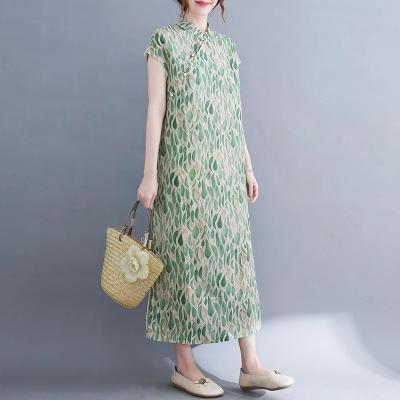 China 2022 OEM New Arrival Chinese Style Vintage Midi Dress Slim Soft Long Dresses Print Vacation Floral Soft Travel Women Summer Casual Dress for sale