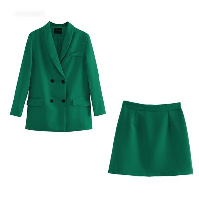 China QUICK DRY 2022 OEM Spring Green Suit Set Women Two Piece Skirt Set Double Breasted Blazer And High Waist Mini Skirts for sale