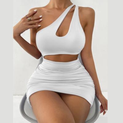 China OEM Cutout Anti-Static White Waist Ruched Hollow One Shoulder Summer Dress Women Sexy Buttocks Dress Spaghetti Straps Bodycon Dress for sale