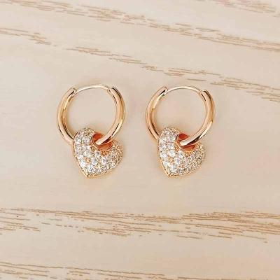 China Fashionable Environmental Friendly Love Heart Dangle Drop Earrings For Women Gold Heart Circle Earrings With Zircon for sale