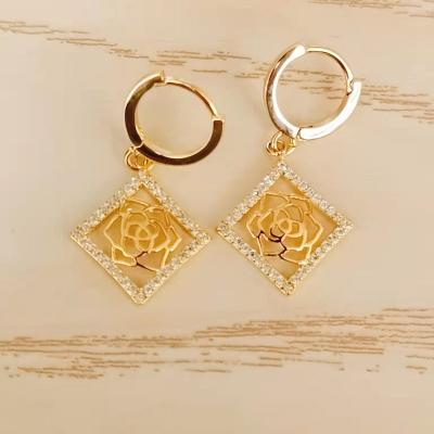 China Luxury Vintage Rose Flower Geometry Drop Earrings Women Gold Plated Zircon Pendant FASHIONABLE Drop Earrings for sale