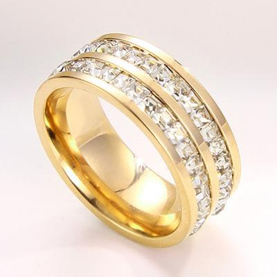 China Hot Selling Environmental Friendly Double Row Square CZ Diamond Rings Stainless Steel Rose Gold Silver Couples Wedding Ring for sale