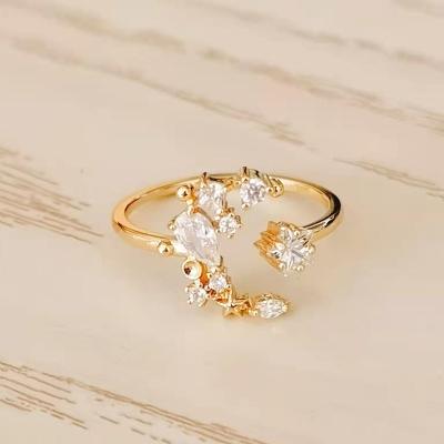 China Opening Ring Charm Moon And Star Rings Adjustable Size Zircon Paved Gold Plated Environmental Friendly Copper Material for sale