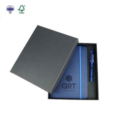 China Elastic Blue Leather Hardcover Book Promotion Business Notebook and Pen Gift Set for sale