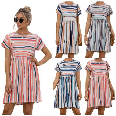 China Anti-wrinkle short sleeve 2021 European and American blue and red striped casual dress hot sale products for sale