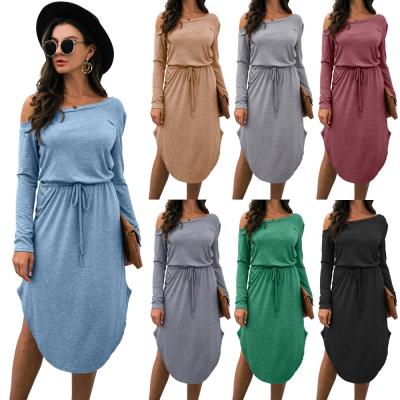 China Anti-wrinkle Autumn Casual Dresses cut and silod color off-the-shoulder long sleeve tee dress for sale