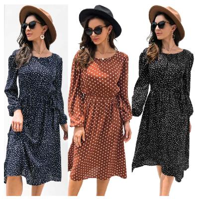 China Anti-wrinkle Women Fashion Midi Backless Casual Dress Ruffles Long Sleeve Round Neck Ladies Polka Dot Dresses for sale