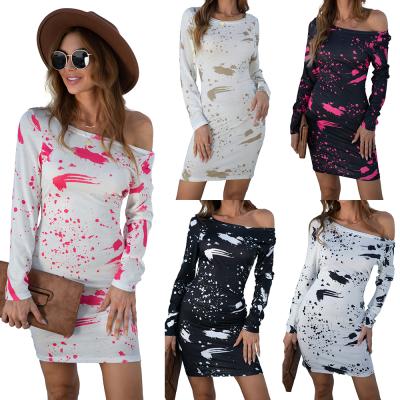 China Wholesale Dry Cleaning Woman Sweatshirt Dress Splatter-ink Printed Fabric Elegant Casual Dresses Skinny Skirt for sale