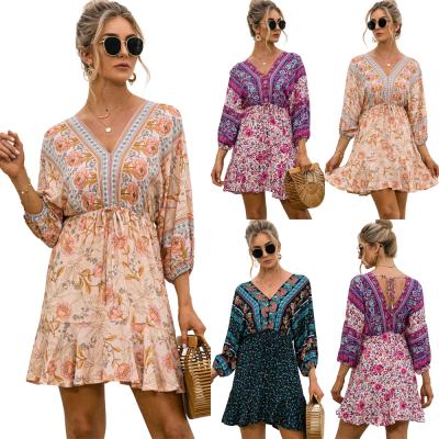 China wholesale Anti-wrinkle puff sleeve dress floral print bohemian style long a line knit mini skirt ladies fashion casual clothes for sale