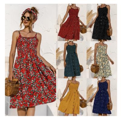 China Wholesale Anti-wrinkle floral print dresses polka dots row-button fashion ladies casual sundress for sale