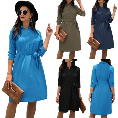 China Hot Sale Vintage Women's Washable Solid Classic Shirt Dress Half Sleeve Button Front Belted Dress for sale