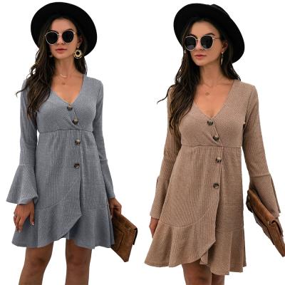 China Anti-Wrinkle Women Dress Long Sleeve Button Front Split Hem Sweater Dress Classy Knitted Shirt V Neck for sale