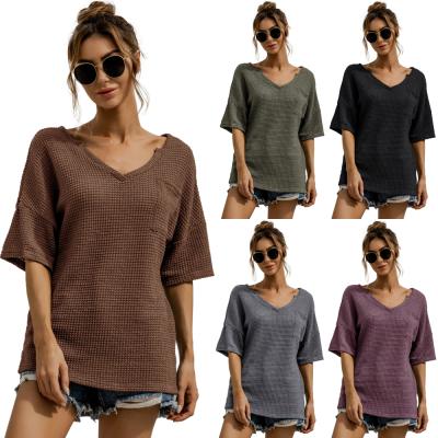 China Wholesale Anti-wrinkle China Supplier v neck side pockets loose crop half tops lady oversized tee shirt for sale