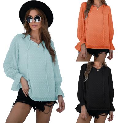 China Anti-wrinkle autumn tops for women 2021 new style drawstring pleat long sleeve blouses ladies casual wear for sale