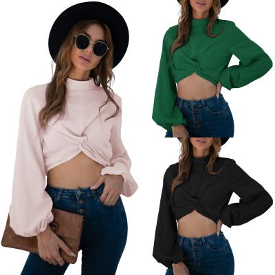 China New Design Anti-Wrinkle Twist Knot Front Formal Culture Form-Fitting Turtle Neck Top Solid Top for sale