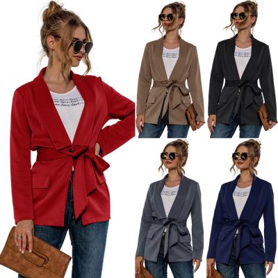 China Fashion Women Anti-Wrinkle Laple Collar Casual Blazers Bow Belt Pockets Outwear Coated Lady Feminine Office Top for sale