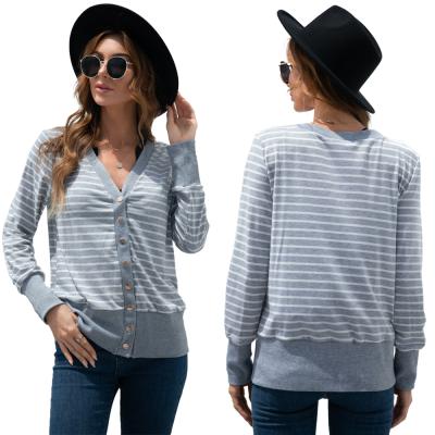 China 2021 Fall Fashion Cardigan Sweater V-neck Outer Casual Wear Midweight Striped Knitting Short Coat Anti-wrinkle for sale