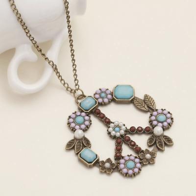 China BOHEMIA Statement Necklace Vintage Resin Stones Peace Sign Long Chain Pendant Necklace for sale