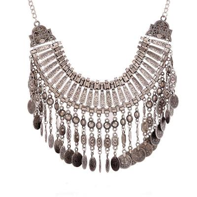 China 2019 Fashions Jewelry Zinc Alloy Necklace Antique Gold And Silver Plated Coin Tassel Necklace For Women for sale