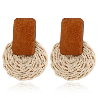 China Latest Wooden Straw Weave Rattan Big Round Rattan Wooden Earrings Drop Earring For Women Jewelry for sale