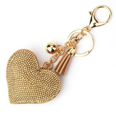 China Wholesale Glitter Leather Hot Stones Fix Fashion Charm Heart Shaped Key Chain Tassel Keychain for sale