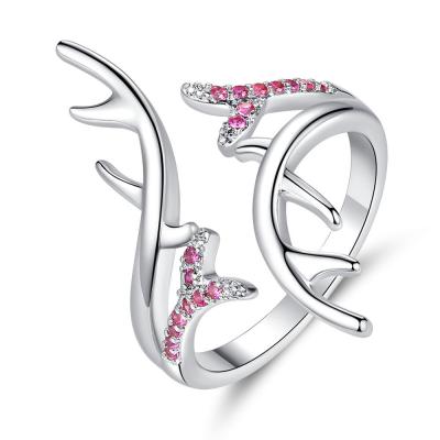 China BOHEMIA Fashion Ladies ELK Antler Ring Opening Ring Pink Rhinestone Copper Rings Wholesales for sale