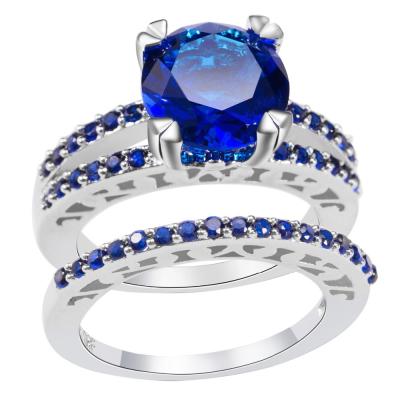 China Fashion 18K White Gold Vintage Jewelry Blue CZ Diamond Inlay Couple Rings For Women Chirstmas Gift Plated for sale