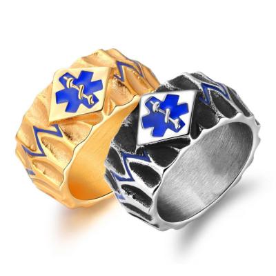 China 2020 Hiphop Hot Blue Medical Enamel Antique Stainless Steel Sign Ring For Men for sale