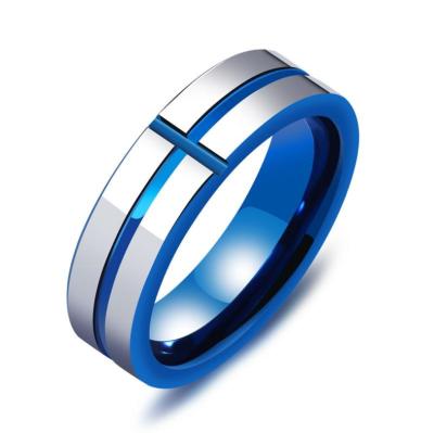 China Hiphop Wholesales Custom Men's Women's Casual Custom Steel Men's Tungsten Carbide Jewelry Engagement Wedding Blue Cross Cross Ring for sale