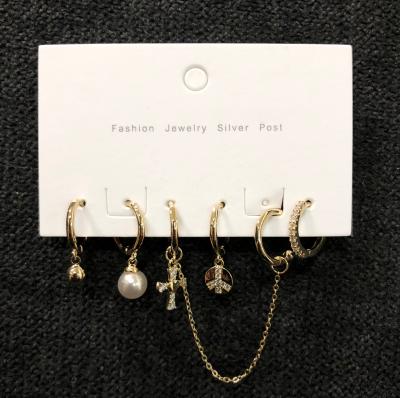 China New TRENDY Pearl Earrings Set Charm Wholesale Women's Jewelry Copper Gold Mini Round Cross Earrings for sale