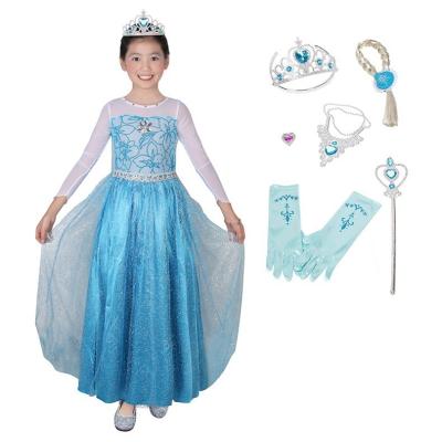 China Newest Polyester Kids Celebrity Clothes Princess Elsa Wear Dress Halloween Costumes For Girls COSPLAY Crown Wig Gauze Dress for sale