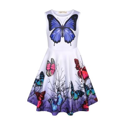 China LQSZ New Fashion Washable Summer Cool Cartoon Cute White Butterfly Printed Sleeveless Children Kids Little Girl Teen Dress 3-12 Years Old for sale